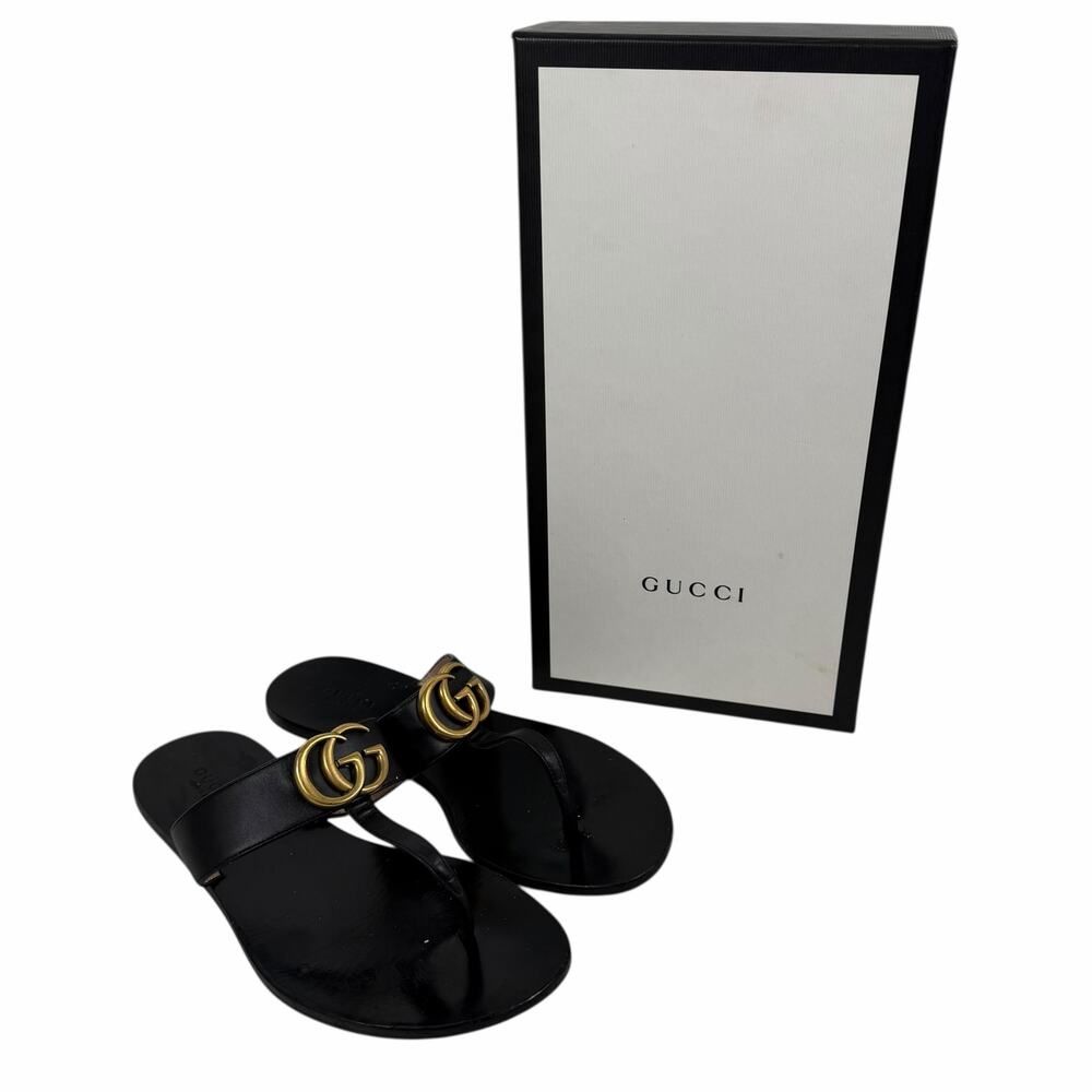 Gucci Black Leather Thong Sandal Gold Double G Logo Size 36.5 - Picture 13 of 14
